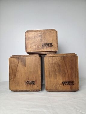 Vintage Baribocraft Wooden Canister Set Canada Coffee Sugar Flour MCM Maple